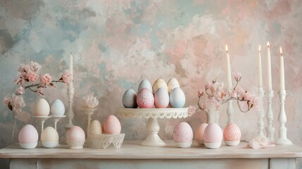 A vibrant display of colored Easter eggs on a table, illuminated by soft candlelight.