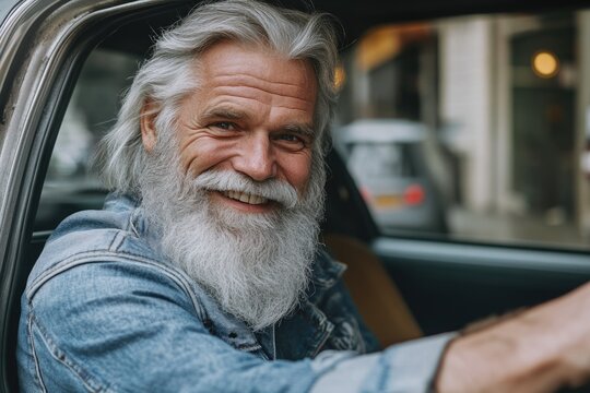 Confident Senior Man with Grey Hair and Beard Smiling While Opening Car Door on the Street