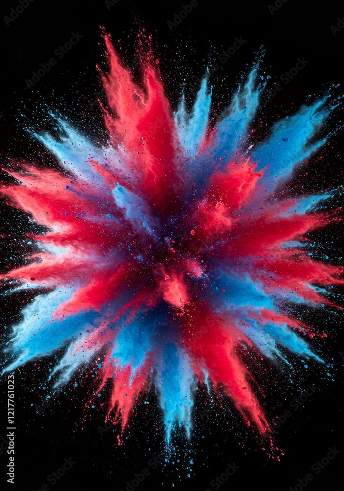 Poster cosmic explosion of vibrant red and blue colors in a starburst pattern against a black background fo