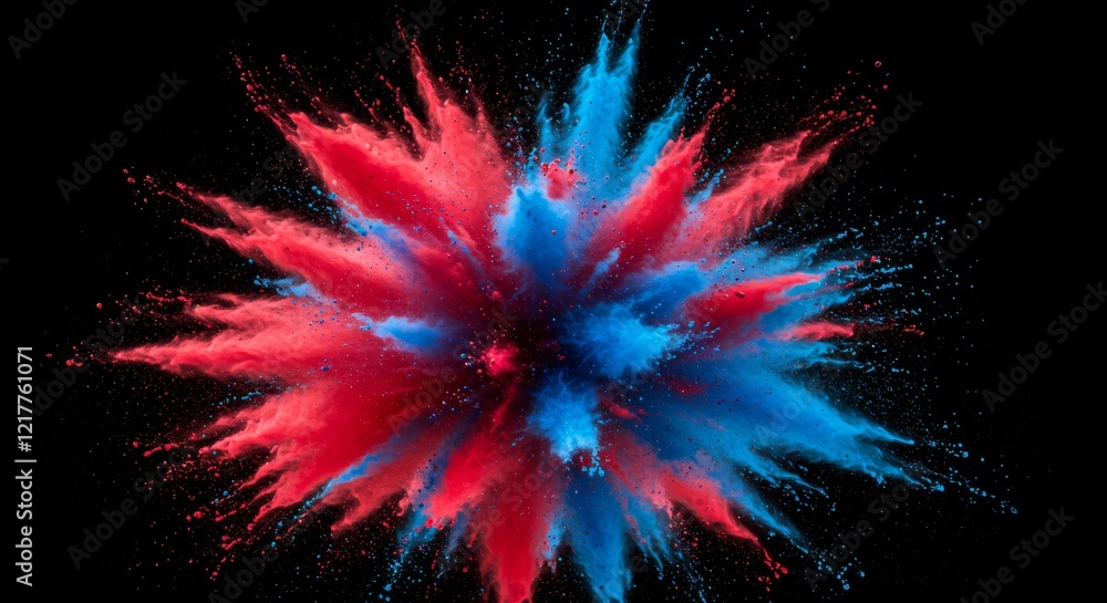 Poster cosmic explosion of vibrant red and blue colors in a starburst pattern against a black background fo