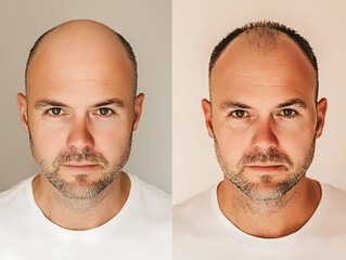 The man in the left photo has a bald head while the man in the right photo has a full head hair Comparison a mans hair before and after treatment for hair loss Hair transplant