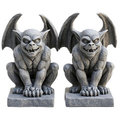 Gargoyle statues perched menacingly on a transparent background showcasing intricate details and craftsmanship, Gargoyle Statues on transparent background