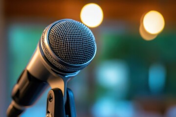 Close-up of a microphone ready for performance at an indoor event in soft lighting