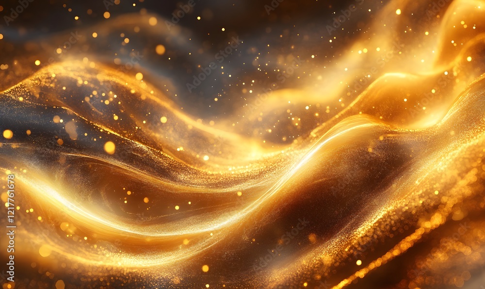 Poster abstract golden waves with shimmering light particles on a dark background