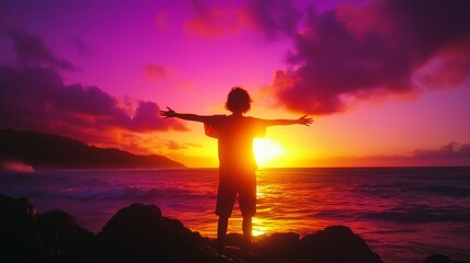 Fototapeta premium Tourist enjoying freedom at sunset on rocky coastline