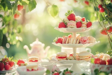 Charming Afternoon Tea Gathering in the Garden with CanapÃ©s, Sweet Macaroons, and Fresh Strawberries