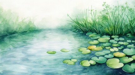 A serene watercolor scene of a calm water body with lily pads and lush green foliage, creating a tranquil and peaceful atmosphere.