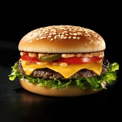 Delicious Double Cheese Burger Against a Dark Backdrop with Fresh Ingredients
