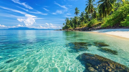 Enchanting tropical beach with crystal clear water and palm trees. Emphasizing paradise and natural beauty, ideal for beach and tropical imagery with a focus on clear water and lush settings.