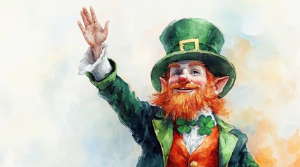 Fototapeta premium A cheerful leprechaun waves, dressed in green attire with a tall hat and orange beard, embodying festive spirit and Irish folklore.