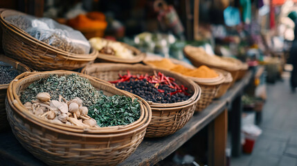 Fototapeta premium colorful spices and herbs in woven baskets at an asian market stall