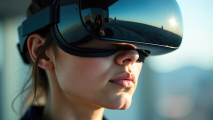 A woman wearing a VR headset reflects a desert landscape scene in the lenses. Concept of virtual reality immersion.