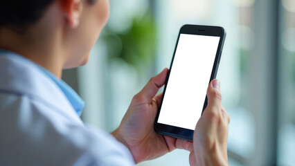A person wearing a light blue shirt holds a smartphone with a blank white screen. Concept of mobile technology usage.