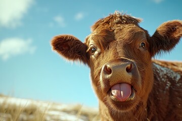Joyful Brown Cow in Alpine Field with Tongue Playfully Sticking Out - Farm Animal Happiness