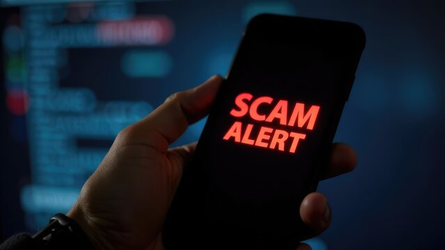 A hand holds a smartphone displaying "SCAM ALERT" in red letters against a blurred digital background. Concept of online fraud.
