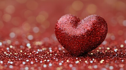 Fototapeta premium Red Glitter Heart on Sparkling Red Background