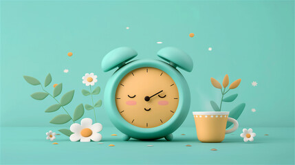 An alarm clock featuring a smiley face design is placed right next to a steaming cup of freshly brewed coffee, a beautiful arrangement of flowers