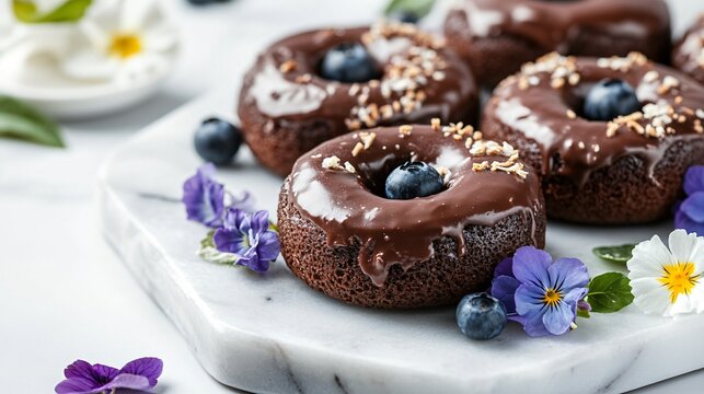 Gluten-free chocolate doughnuts displayed on a marble tray, with edible flowers and fresh blueberries, isolated on white
