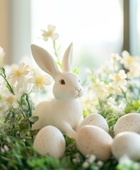 Obraz premium A white rabbit sits in a garden surrounded by colorful eggs, symbolizing Easter festivities and springtime joy.