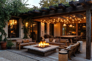 A fire pit sitting on top of a wooden deck next to a patio