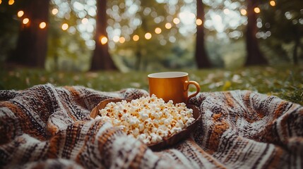 Cozy outdoor movie night setup with warm blanket, popcorn, drink and string lights on grass