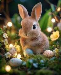 Fototapeta premium A small rabbit rests in the grass surrounded by colorful Easter eggs, symbolizing spring and celebration.