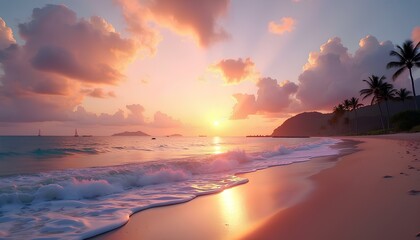 Naklejka premium Beautiful sunset on the beach in Seychelles, Mahe