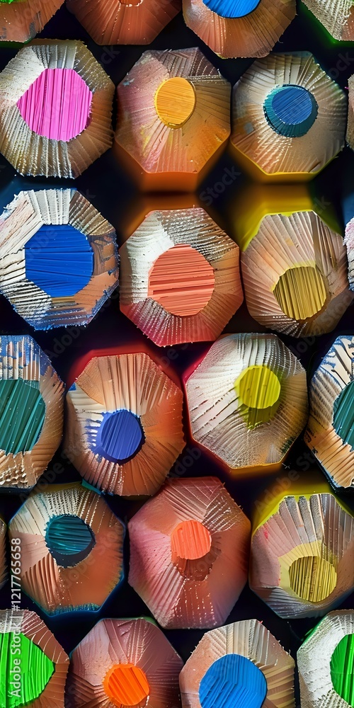 Poster colorful macro view of wooden colored pencils from their sharpened ends creating an abstract geometr