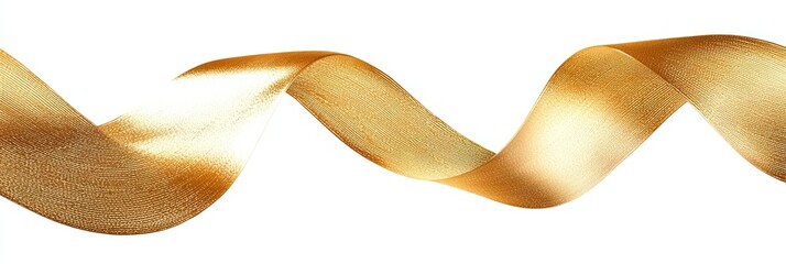 A high-resolution single gold ribbon, gently curled and twisted into a soft, flowing horizontal wave, isolated as PNG cutout on a transparent background with clean, sharp edges.