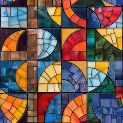 Fototapeta premium Vibrant stained glass mosaic pattern with geometric circles and curves in bright colors. Abstract modern church window design perfect for religious or decorative backgrounds.