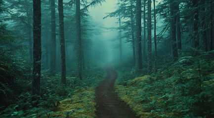 Serene forest pathway shrouded in mist and surrounded by lush greenery