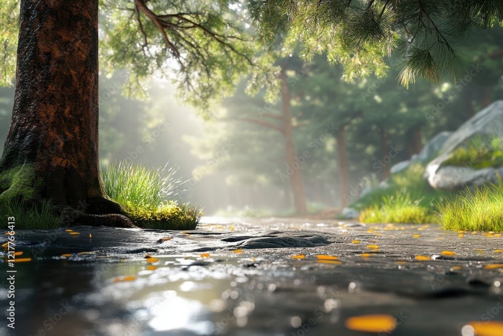 Poster serene forest pathway with sunlight filtering through trees in tranquil nature setting