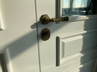 Image of a traditional door with a brass doorknob and handle, mounted on a vertical surface...