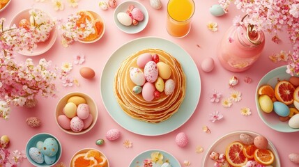 Delicious    pancakes topped with eggs and fresh orange slices, beautifully arranged on a pink table for a festive Easter breakfast.