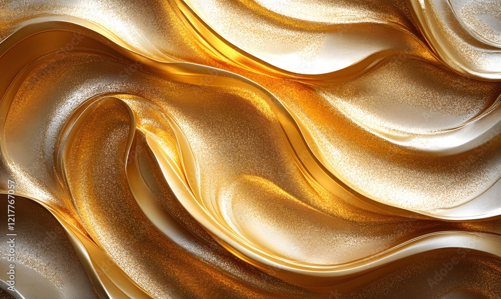 Poster abstract golden fluid waves with shimmering metallic texture create a luxurious flowing pattern