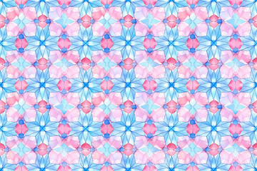 Seamless watercolor blue and pink abstract kaleidoscope style pattern