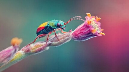 Fototapeta premium Colorful beetle on pink flower, macro shot, vibrant background, nature photography