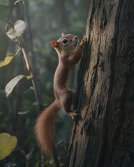 Obraz premium Squirrel climbing tree, forest background, nature scene