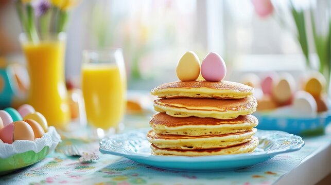 Delicious Easter pancakes served with eggs on a festive table setting, perfect for celebrating the holiday with family and friends.