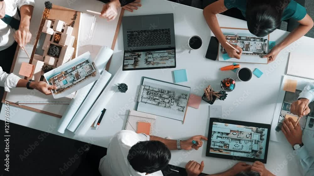 Poster architect team discussing and pointing and presenting blueprint to interior designer. aerial view pr