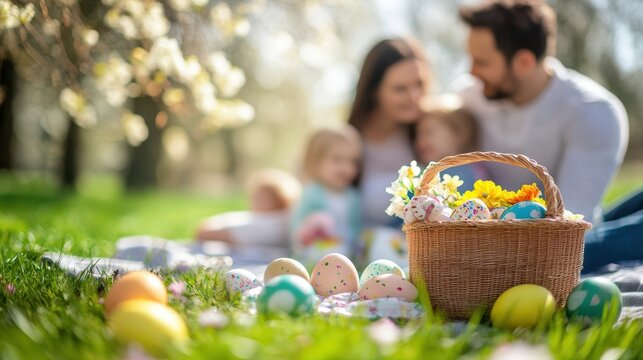 A man relaxes on a blanket with a basket of colorful eggs surrounded by   s, celebrating Easter in a cheerful setting.