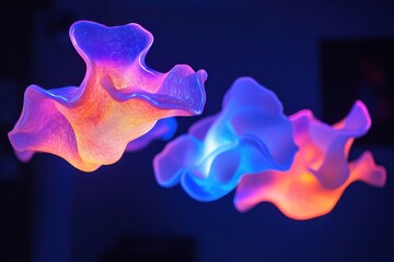 Colorful translucent sculptures suspended in a darkened space create a mesmerizing visual display