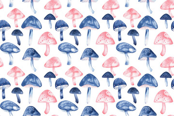 Seamless blue and pink mushroom watercolor pattern