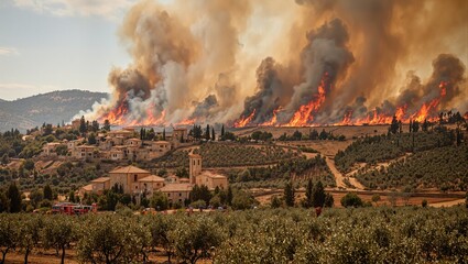 Fototapeta premium Intense wildfire threatens Mediterranean landscape historic villages responders fight flames