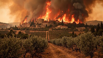 Fototapeta premium Intense wildfire threatens Mediterranean landscape historic villages responders fight flames
