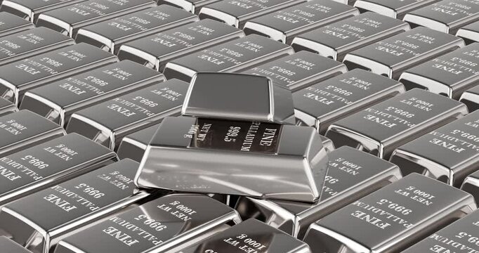 Palladium ingots background, rotation animation, seamlessly loopable. 3D rendering