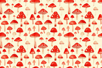 Seamless red and beige mushroom watercolor pattern