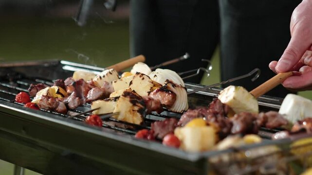 Grilled food of family celebration anniversary. Family have dinner party in garden. Outdoor camping activity relax with tasty food and spend time with cute relatives cross generation gap. Divergence.