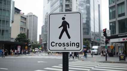 Modern urban Crossing sign at busy intersection with skyscrapers backdrop