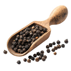Scoop of whole black peppercorns isolated against a clean transparent background for culinary uses and spice exploration, peppercorn in scoop isolated on transparent background